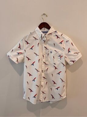 Original Penguin Parrot Print Poplin Shirt Men’s M White Short Sleeve Button Dow